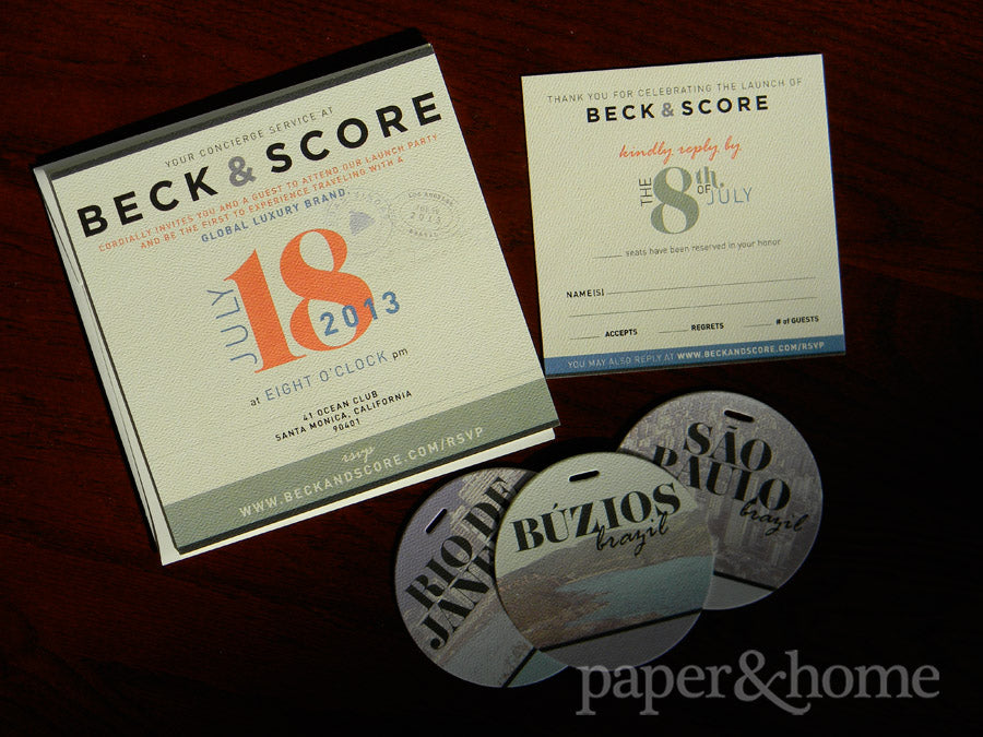 ultra thick luxurious corporate launch party invitations with matching gift tag coasters