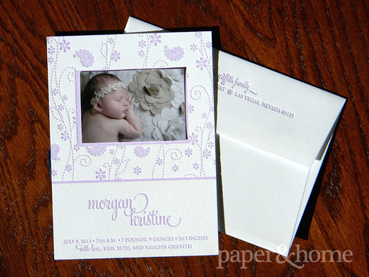 photo letterpress baby announcement with paisley and flowers