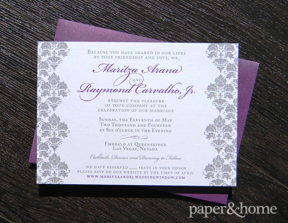purple damask wedding invitations