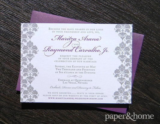 purple damask wedding invitations