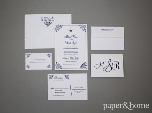 letterpress fleur de lis wedding invitations