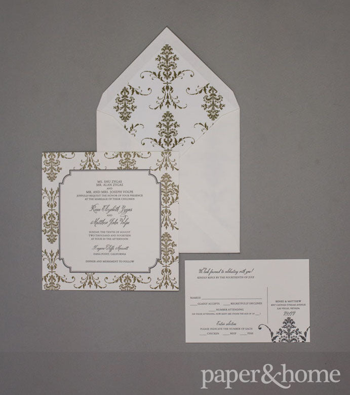 damask letterpress wedding invitations