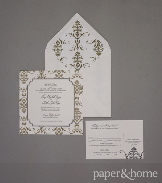 damask letterpress wedding invitations