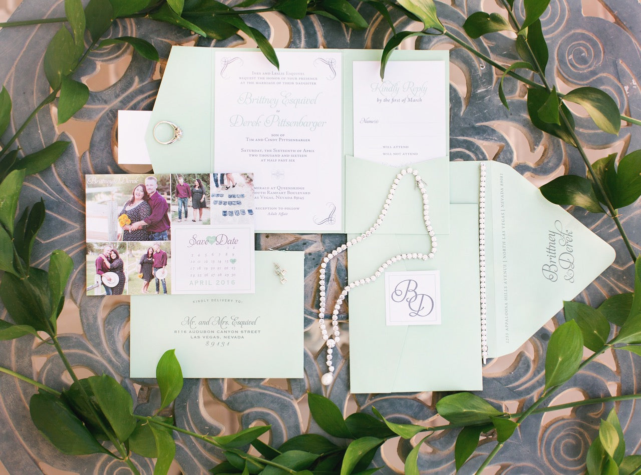 mint pocket wedding invitation