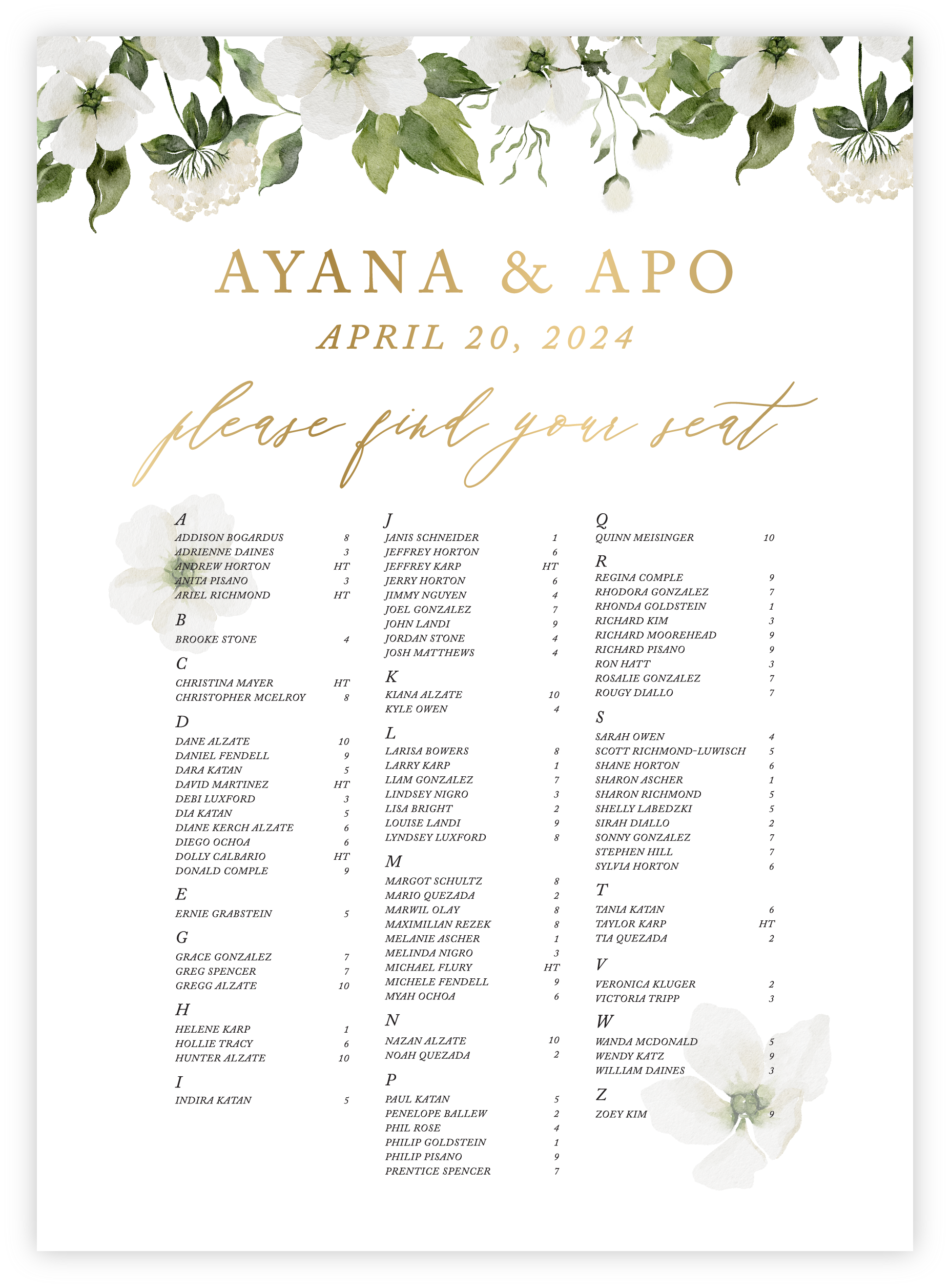 Seating Chart - Floral 40