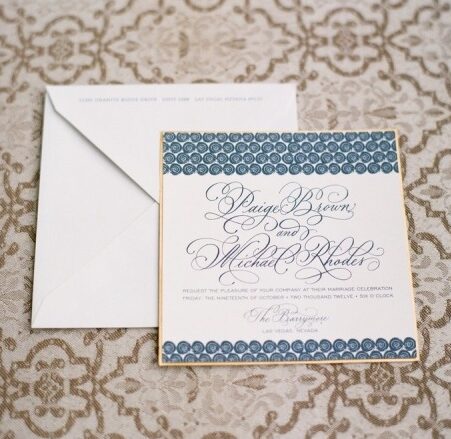 Hand Calligraphy Wedding Invitation Mounted on Gold Paper with Blue Swirls