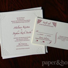 Burgundy and Blind (White) Letterpress Wedding Invitation and Reply Post Card