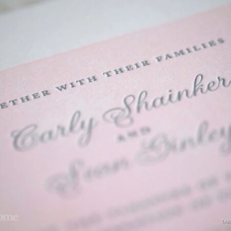 pink and gray letterpress wedding invitations