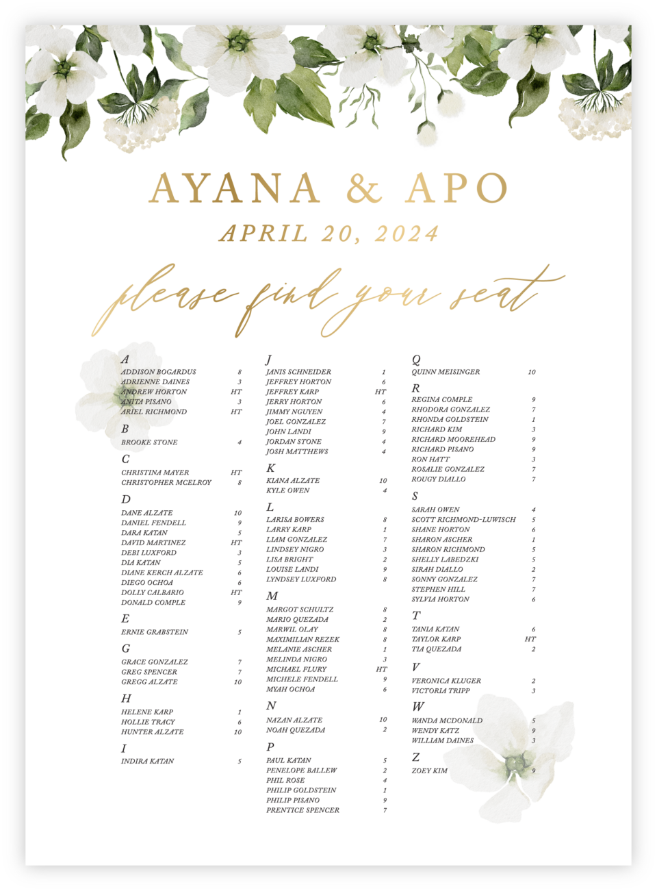 Floral 40 Seating Chart