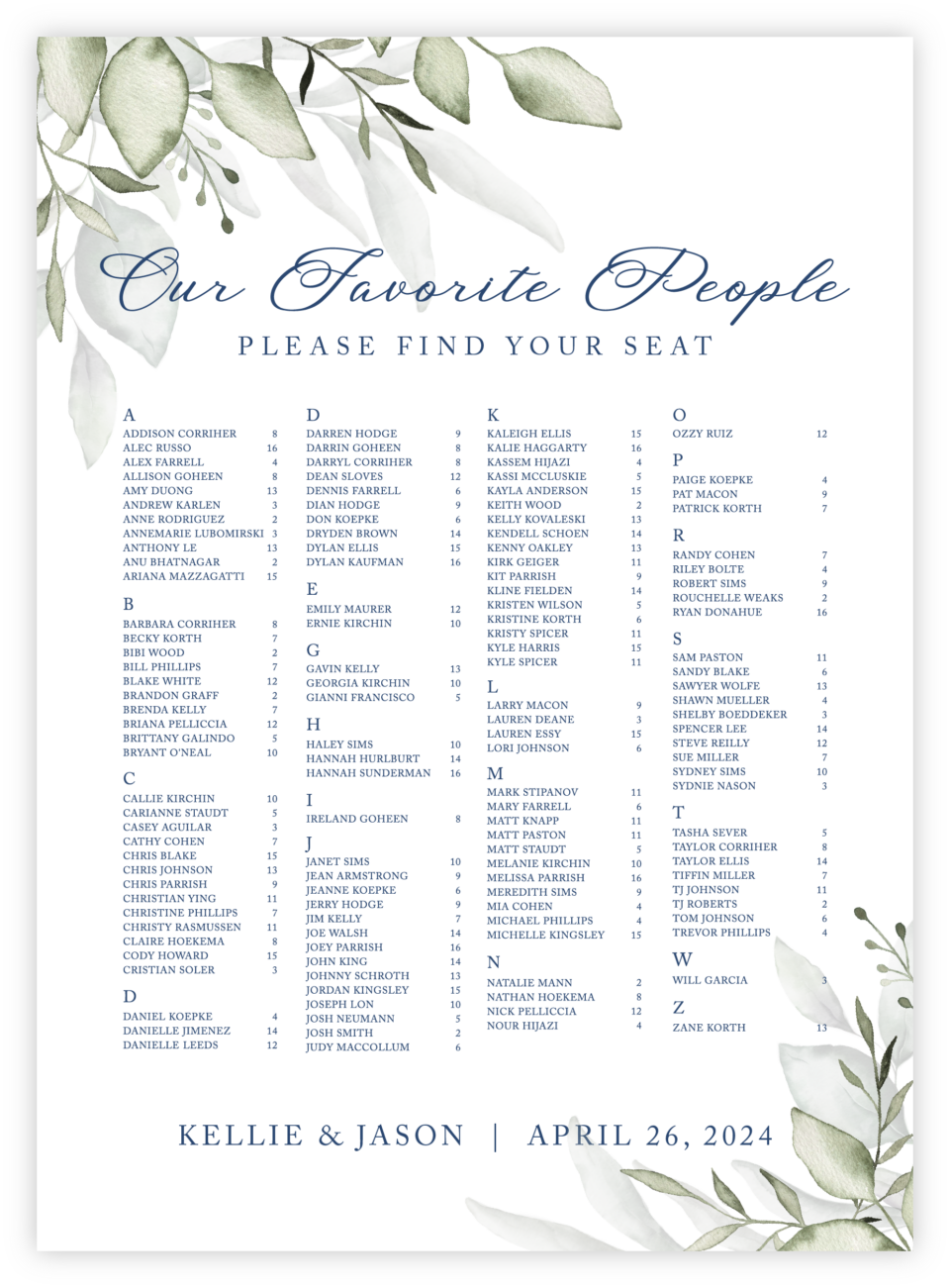 Greenery 05 Seating Chart