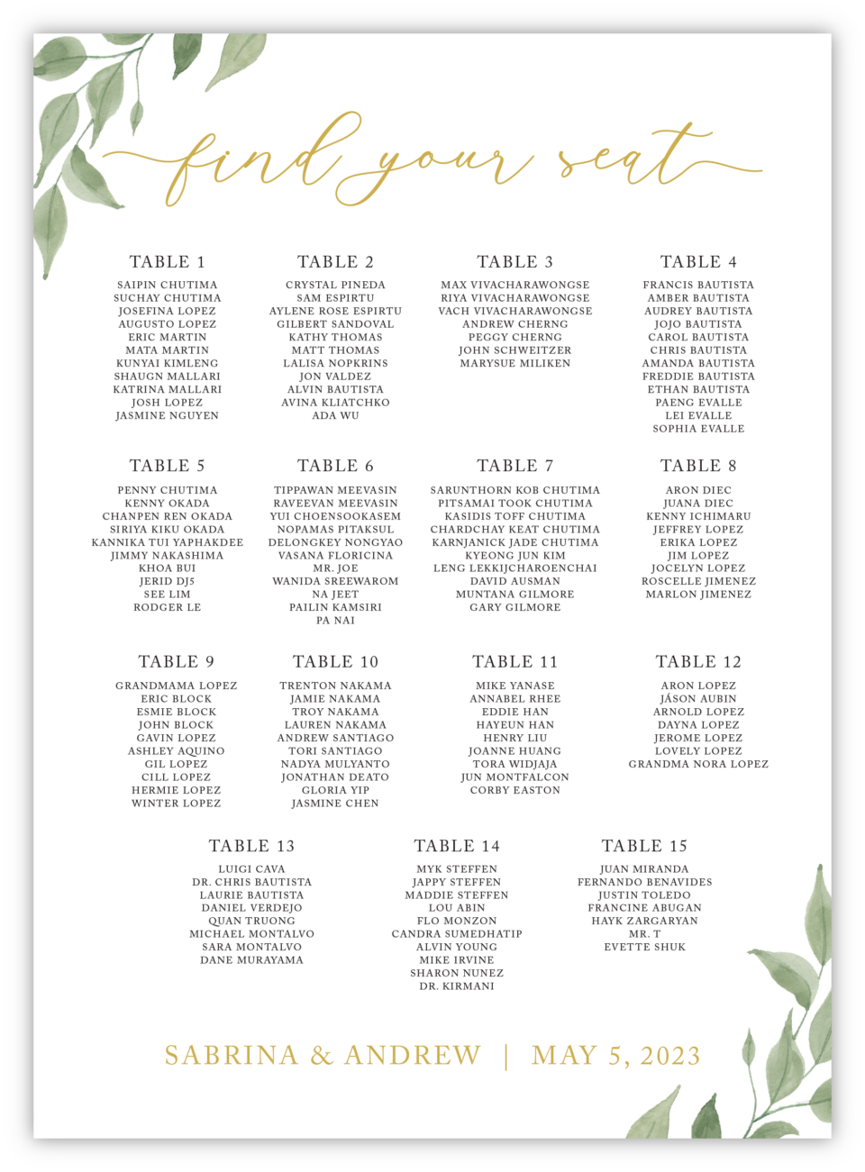 Greenery 09 Seating Chart